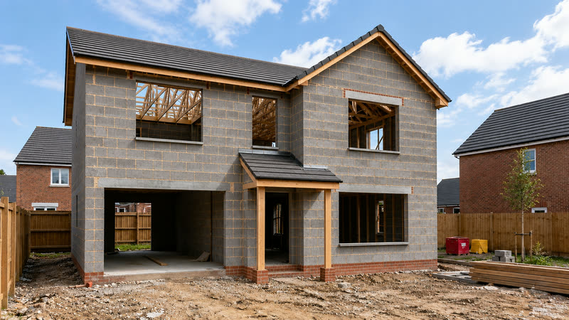 New build under construction, timber frame and blockwork